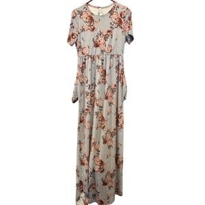 Jardin Floral Maxi Dress‎ Light Blue Pink Brown Short Sleeve w Pockets